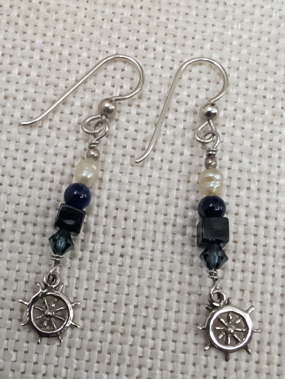 Sterling Silver Nautical Wheel Dangle Earrings with Navy and Pearl Beads - Picture 3 of 17